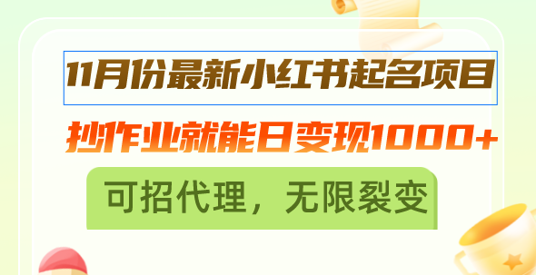 11月份最新小红书起名项目，抄作业就能日变现1000+，可招代理，无限裂变-流星社区